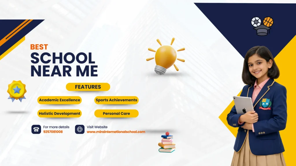 Smiling schoolgirl in uniform holding tablet promoting Mira International School as best school near me